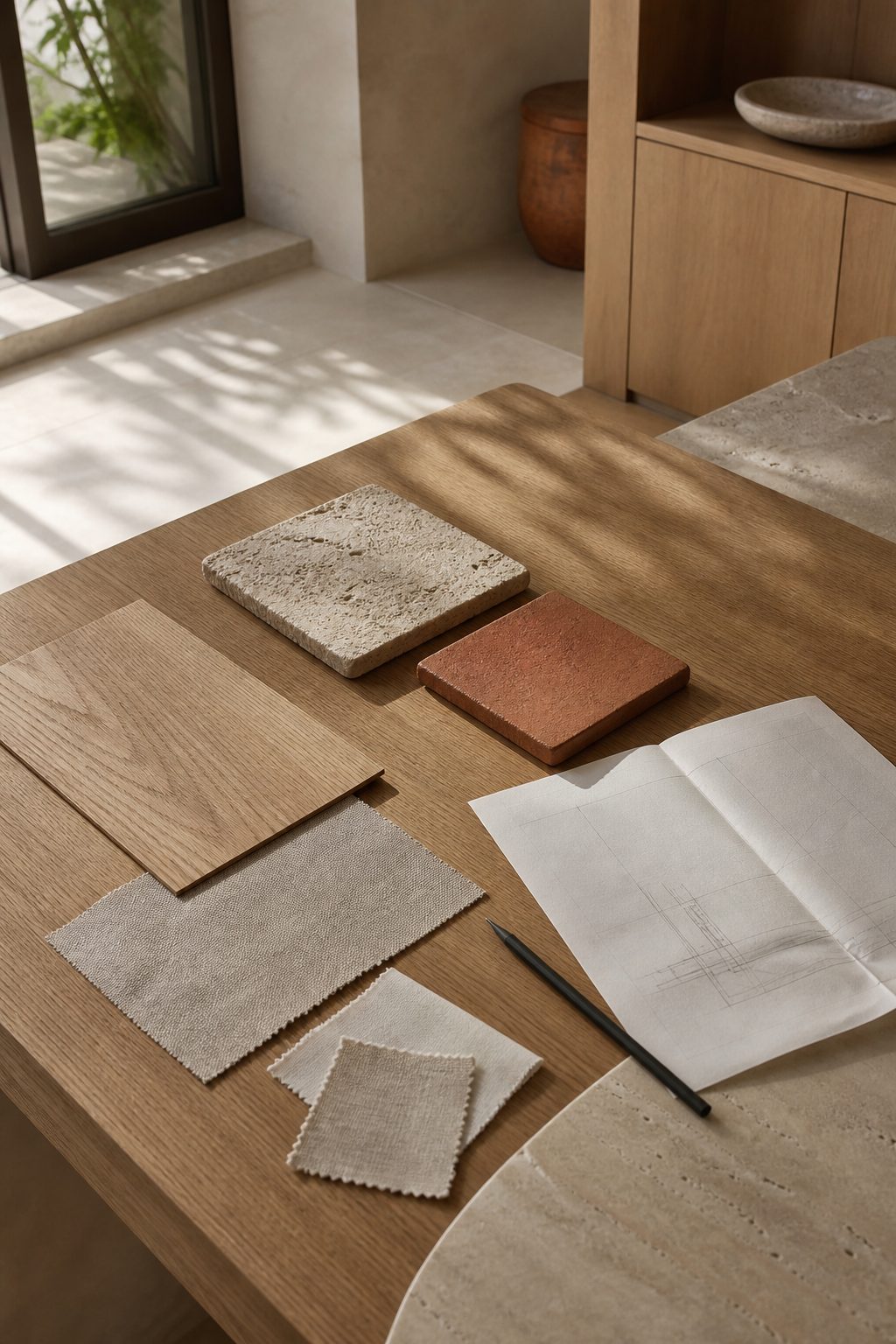 Material samples laid out on a studio worktable