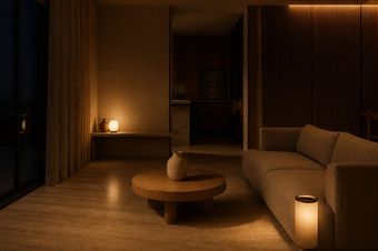 The same living room at 19:50, evening