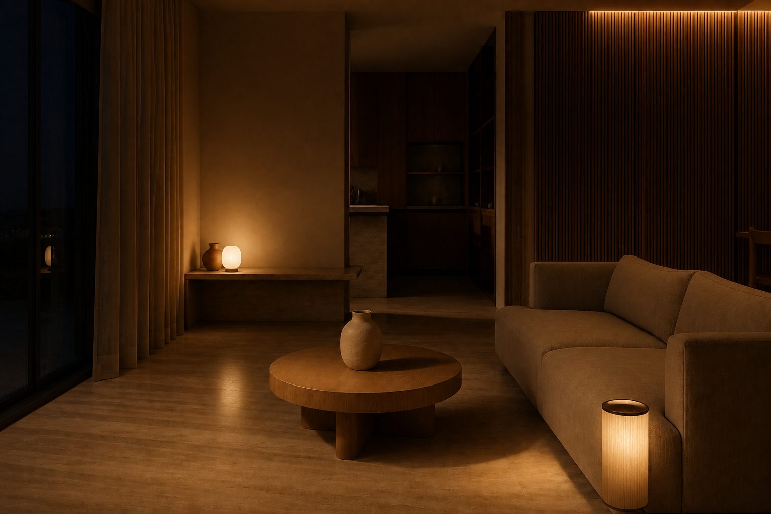 The same living room at night under lamplight